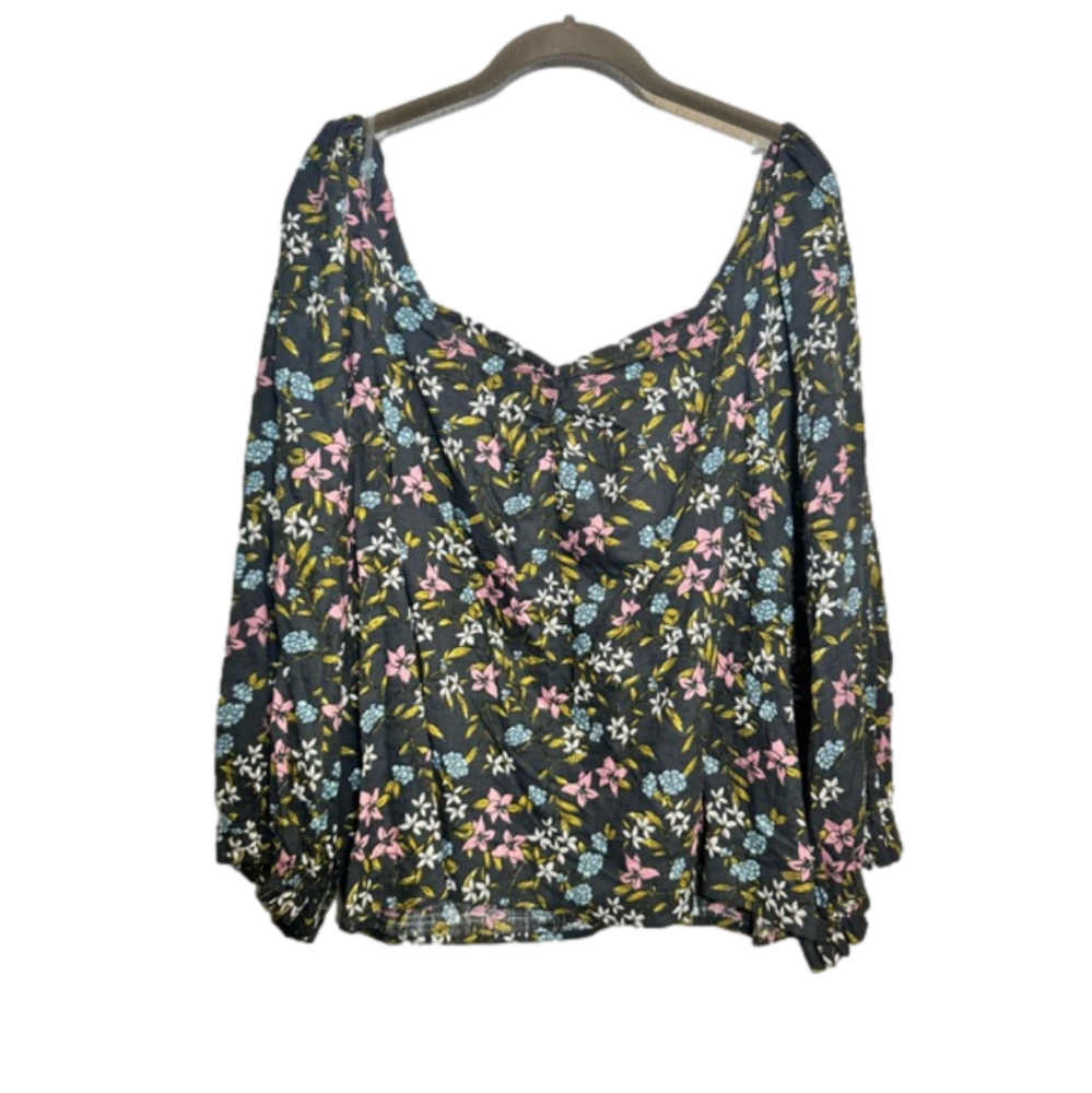 A.N.A Navy Floral Cotton Rayon Blend Blouse Square V-Neck Elastic Sleeves 2X NEW